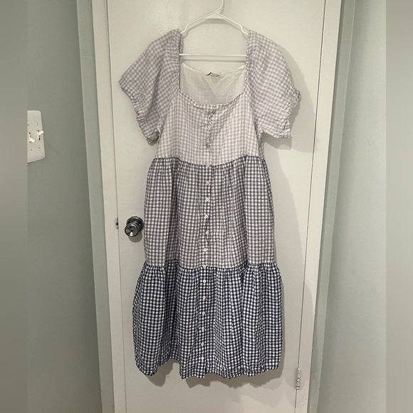 Madewell Patchwork Gingham Button Front Tiered Midi Dress, size XL - Picture 5 of 8